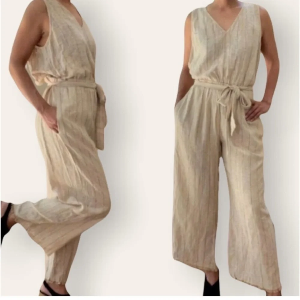 DREW x Anthropologie Striped Khaki Linen Blend Cropped Jumpsuit XS